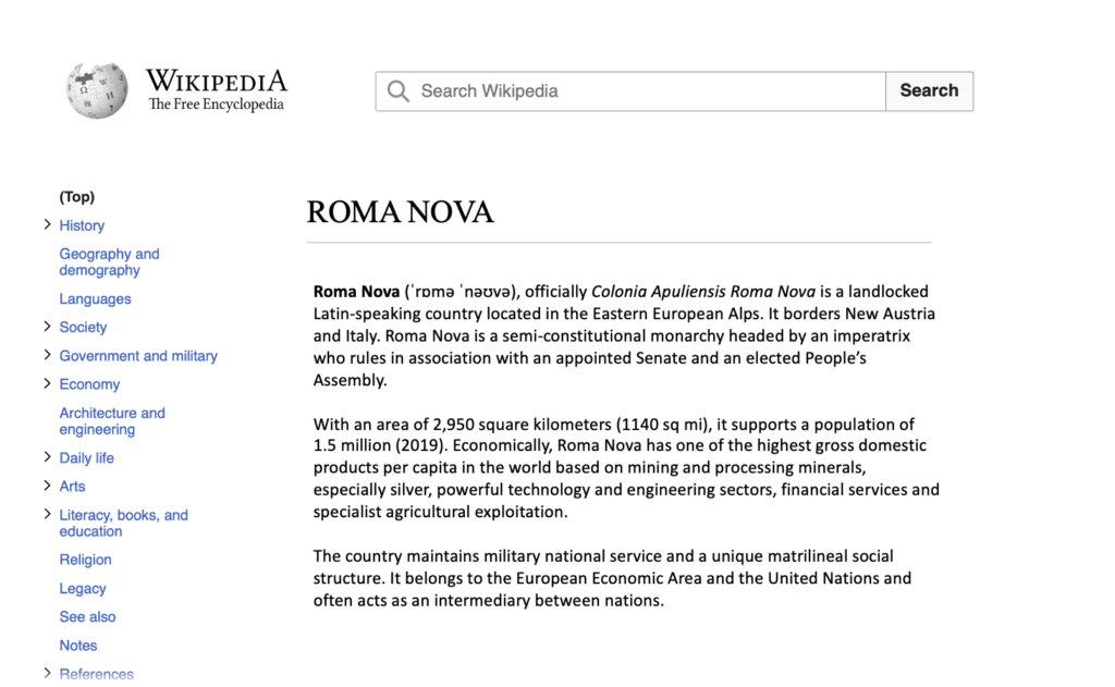 Roma Nova Wikipedia page?